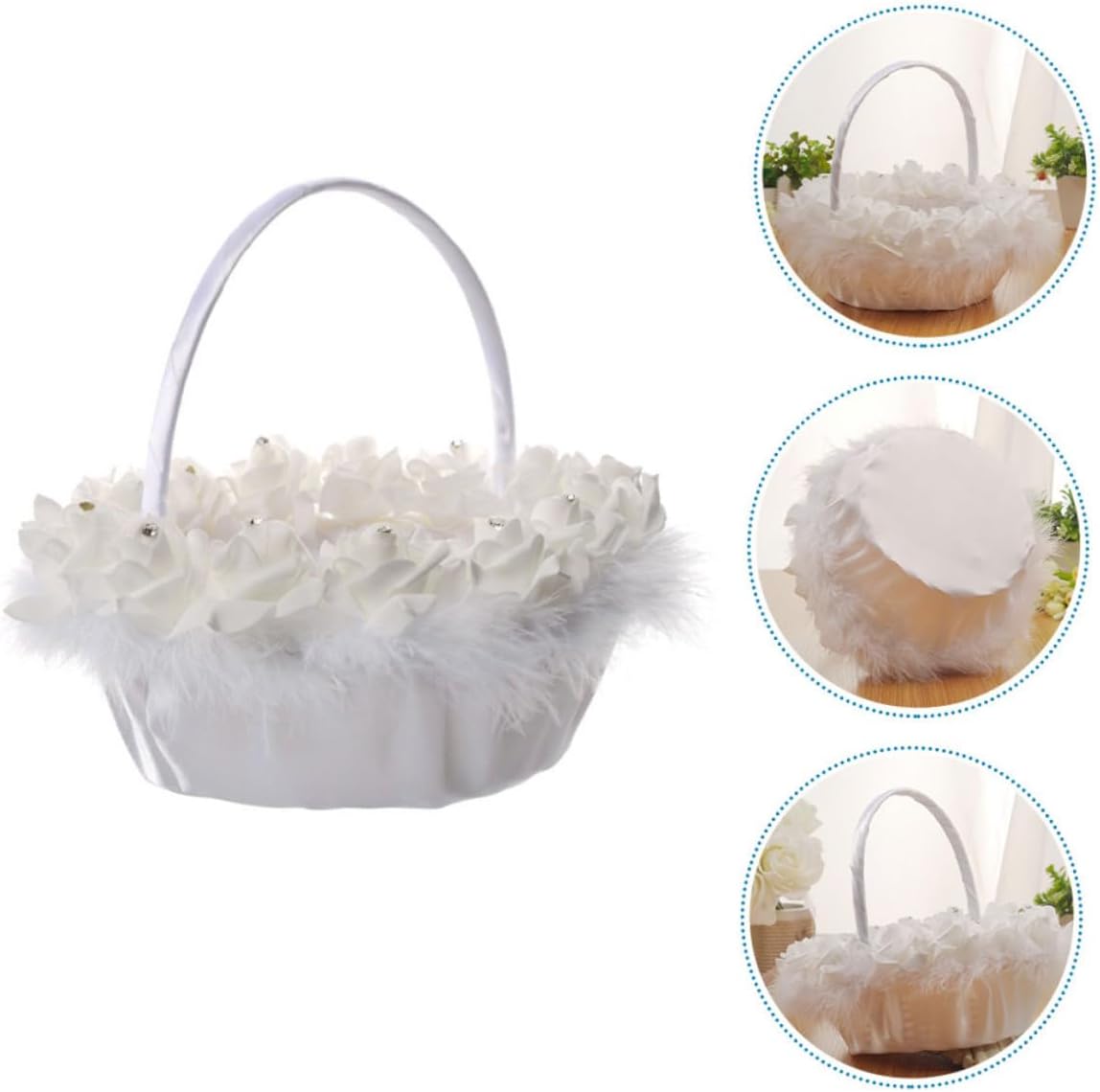 DOITOOL Wedding Flower Basket White Handheld Basket for Bride Wedding Ceremony Elegant Flower Holder with Satin Handle Party Supplies