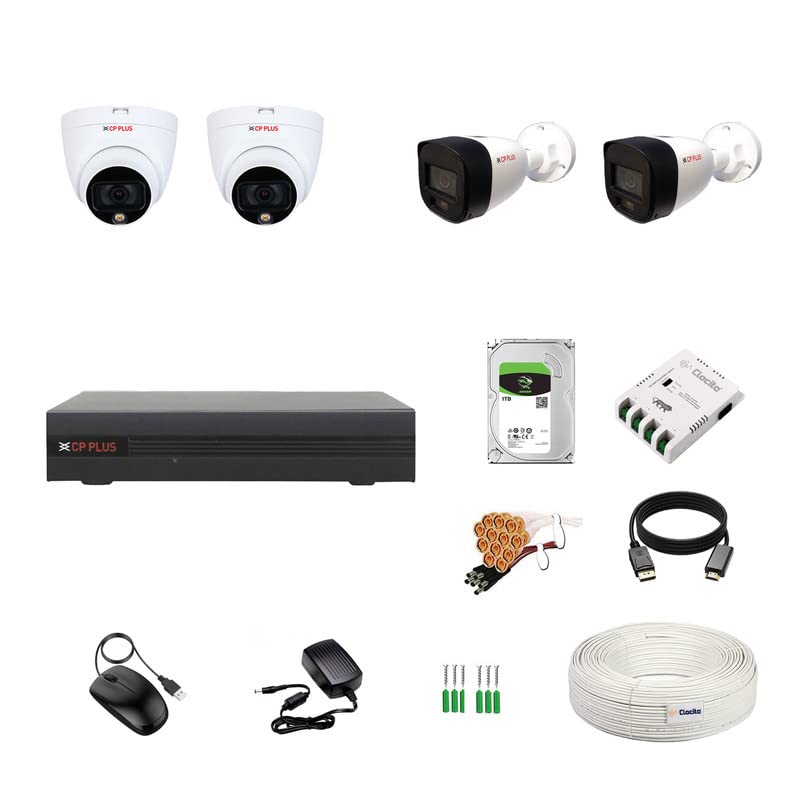 Image of CP Plus 4CH DVR + 2.4MP (Guard+) Audio Recording 2 Dome & 2 Bullet Cameras with 24 /7 (Day /Night Color Vision) + 1TB HDD + Copper Cable Roll (1+3) + 4CH SMPS + BNC & DC