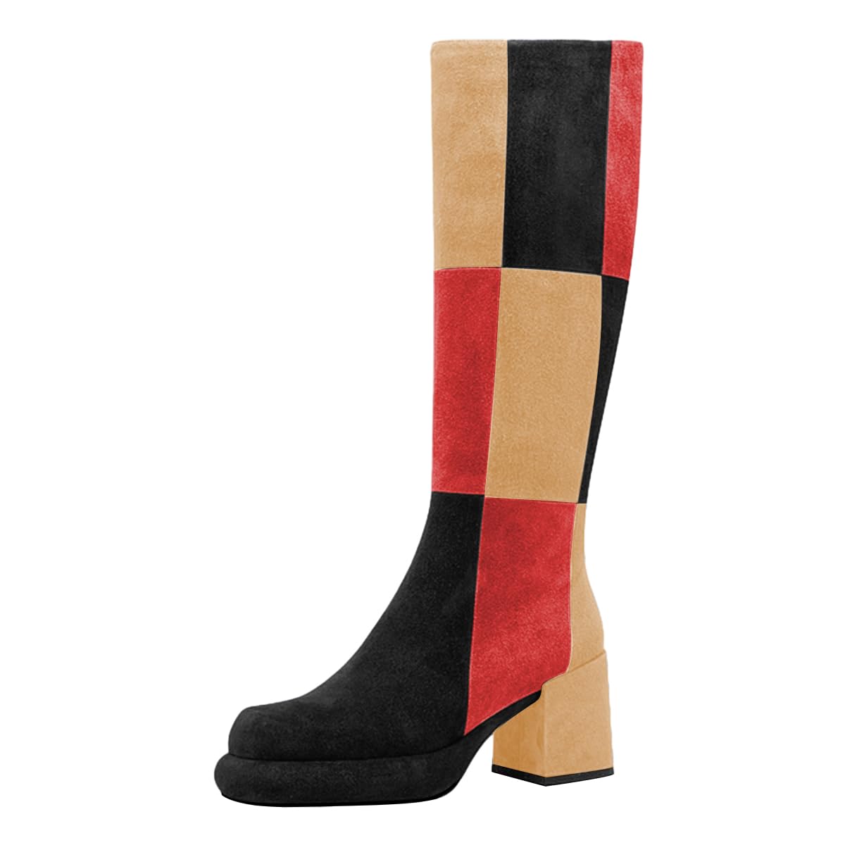 miss left Women Platform Knee High Boots Closed Round Toe Mid Chunky Heel Patchwork Winter Fall Boot Side