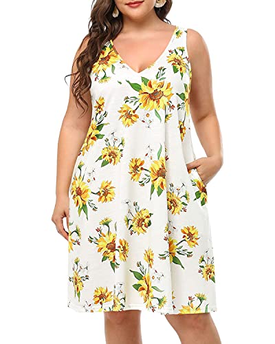 Pinup Fashion Plus Size Women Tank Dresses Sleeveless Criss Cross Back Cover Up T-Shirt Sun Dress with Pockets