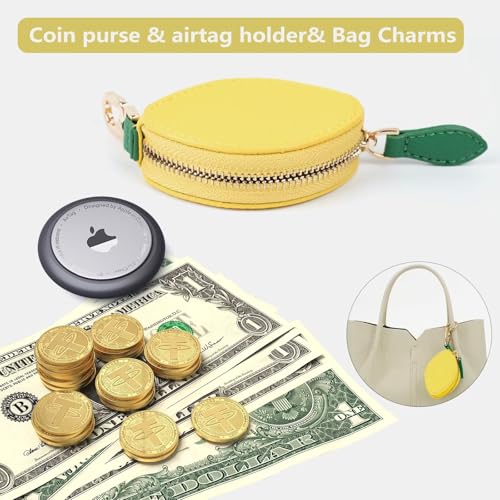 Cute Fruit Coin Purse Bag Charm, Mini Leather Coin Change Purse & Pouch Holder Keychain Charm for Handbag Tote Wallet Airtag Accessories, Kawaii Fruit Bag Charms for Girl Women (Lemon)