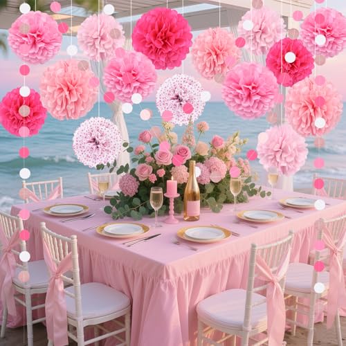 Image of Pink Party Decorations, Tissue Paper Pom Poms Circle Garland for Valentines Day Decorations Pink theme Birthday, Bridal Shower Baby Shower Wedding Romantic Decorations Engagement Party, 16PCS