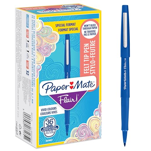 Paper Mate Flair Felt Tip Pens | Medium Point (0.7 mm) Writing Pens | Blue Pens | For Writing, Drawing & Sketching | 36 Count
