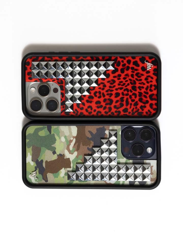 Image of Wildflower Cases - Compatible with iPhone 16 Pro Max | Protective Black Bumper, 6.5ft Drop Test Certified, Women Owned Small Business | Camouflage Original Silver | Stud Pyramid Collection - Cat Camo