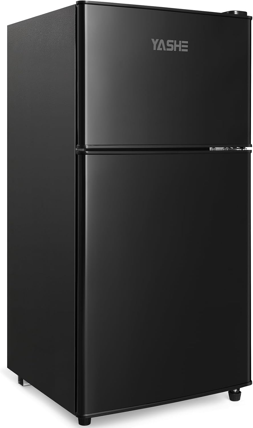 YASHE 86 Litre Mini Fridge with Freezer - Small Fridge, Fridge Freezer, Under Counter Fridge, Double Door Refrigerator with 7 Settings Adjustable Thermostat, for Apartment, Bedroom, RVs and Office
