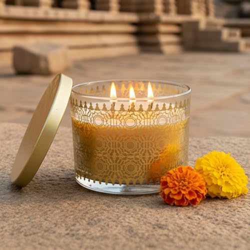 Image of EKAM 2025-26 Festive Fragrance Gift| Scented 3 Wick Candle| Temple Bloom | Inspired by Stone Palace | 28-Hour Burn | Essential Oil Infused | Gift Box for Diwali & Celebrations