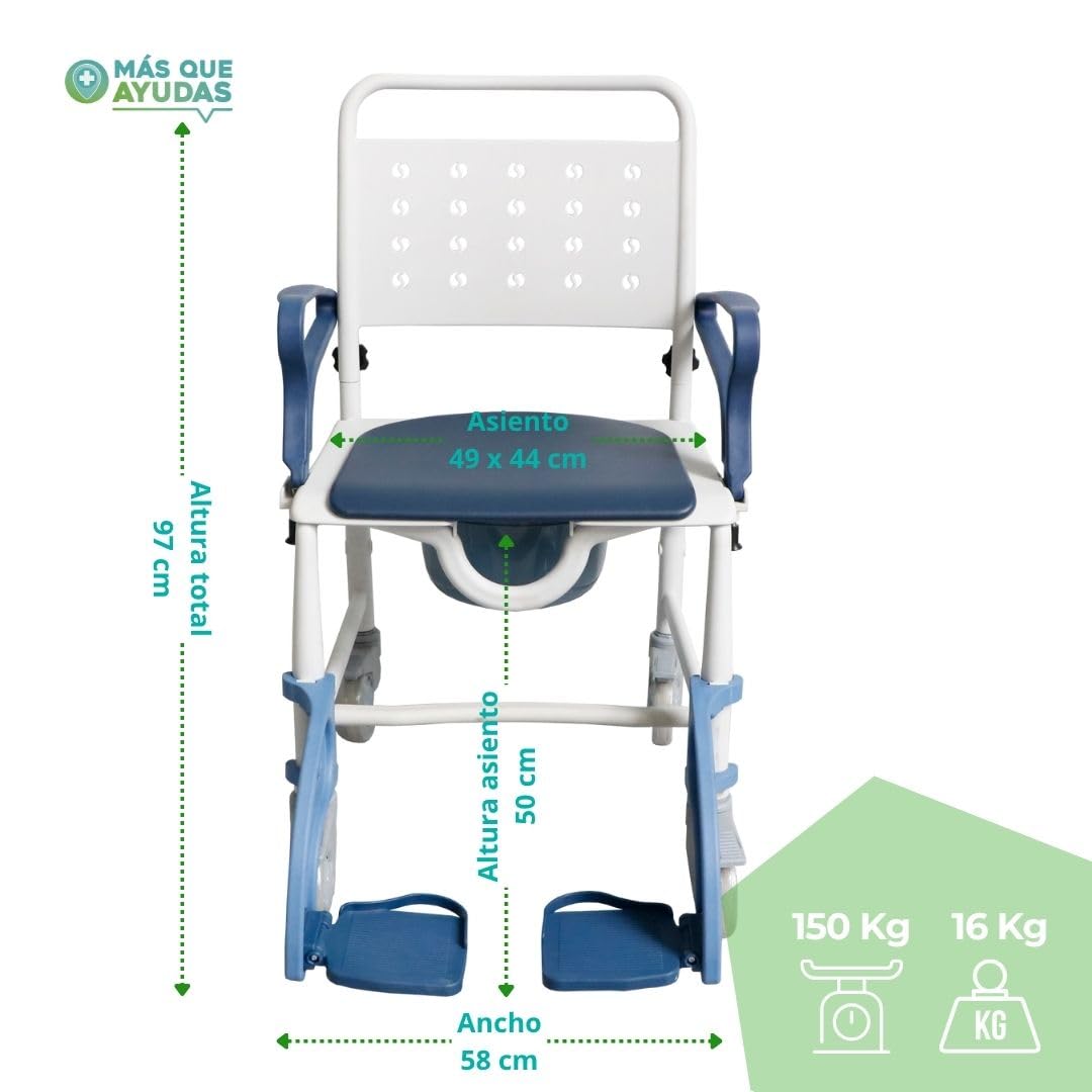 Silla de Ducha con Ruedas 3 en 1, Silla de Inodoro y Transporte para Personas Mayores, con Cubeta Extraíble, Reposapiés y Reposabrazos Abatibles, Asiento Ergonómico