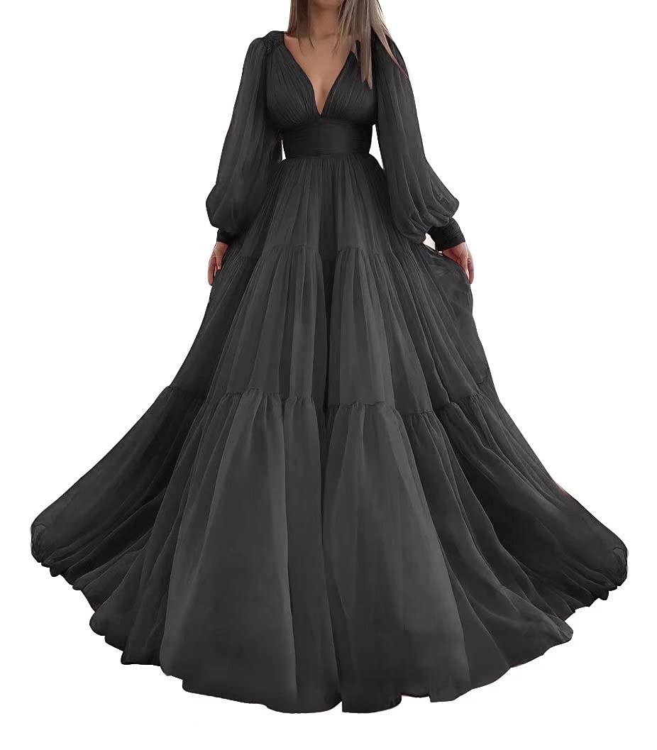 MARSENLong Puffy Sleeve Prom Dress Tulle Ball Gown for Women Wedding Dresses V Neck Formal Evening Gowns