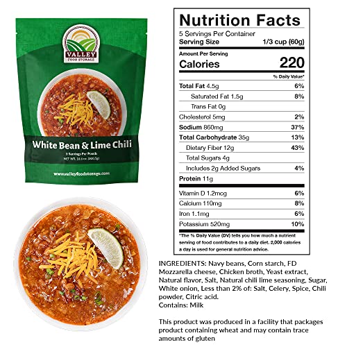 Image of Valley Food Storage White Bean & Lime Chili | 10-Bag Bucket, 50 Servings | Premium Emergency Food Supply, 25 Year Shelf Life | Survival Meal Kits, Prepper Food & Off-Grid Living Supplies, Packaged in USA