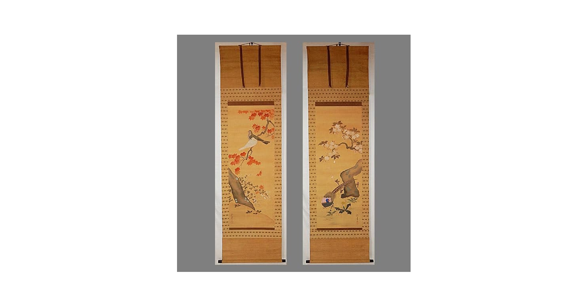 Amazon.co.jp: 真作酒井抱一□紅葉鳩/桜花雉図二幅□江戸時代の