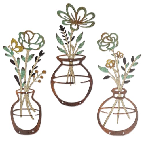 Mcdagogn 3 Pieces Metal Flowers Wall Decor - Rustic Farmhouse Wall Arts, Boho floral Minimalist Wall Decor for Living room Bathroom Bedroom laundry Room Kitchen Office - Housewarming Gifts