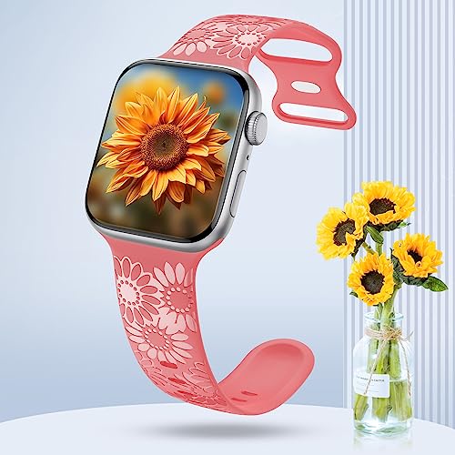 Image of Sunflower Engraved Band Compatible with Apple Watch Bands 38mm 40mm 41mm 42mm 44mm 45mm 49mm Women, Designer Soft Glossy Floral Silicone Strap for iWatch Series Ultra 11 10 9 8 7 6 SE 5 4 3 2 1