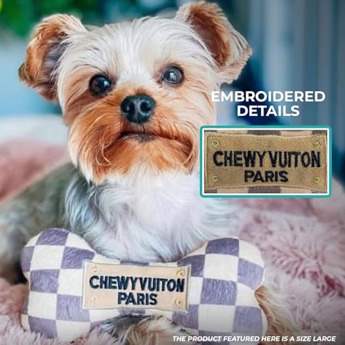 Haute Diggity Dog Chewy Vuiton Bone Plush Squeaky Dog Toy, Soft Durable Designer-Inspired Stuffed Puppy Chew Toys for Small & Medium Dogs, Machine-Washable (Tan Checker) Large - Image 5