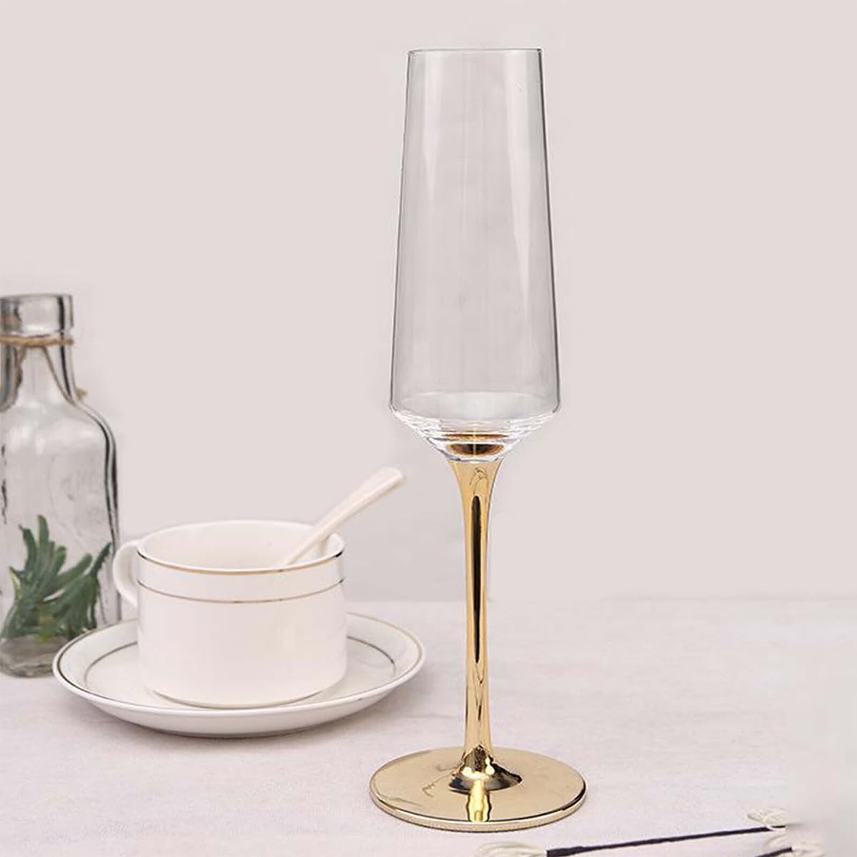 Melbify Gold Stem Champagne Glass | Set of 2 | 300 ml | Imported Wine Glasses | Luxury Wine Glass Set | Fancy Designer Wine Glasses | Unique Gift Pack 4