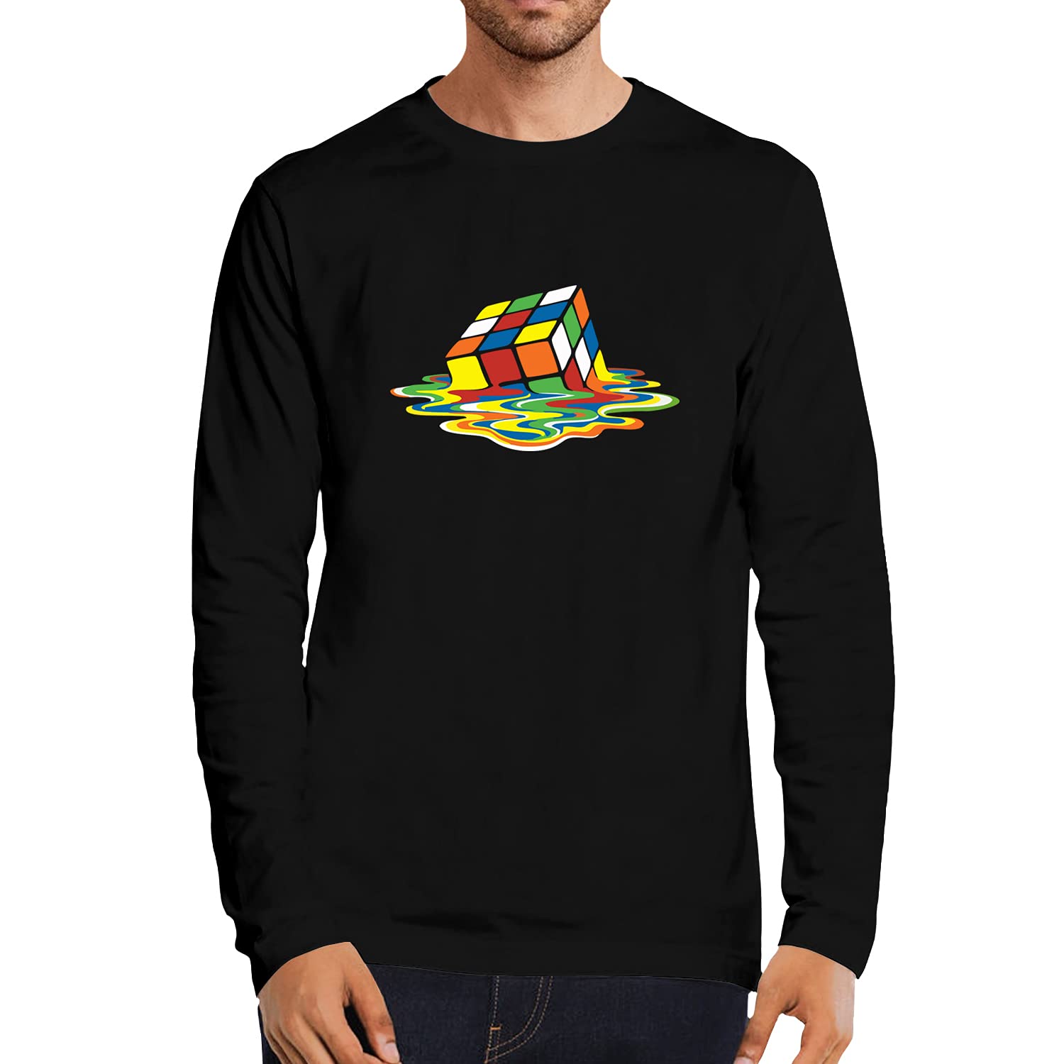 OPLUMen's Regular Fit Rubik Cube Cotton Graphic Printed Round Neck Full Sleeves Trending, Trendy,Pootlu, College Tshirts.(Pooplu_Black_Medium)