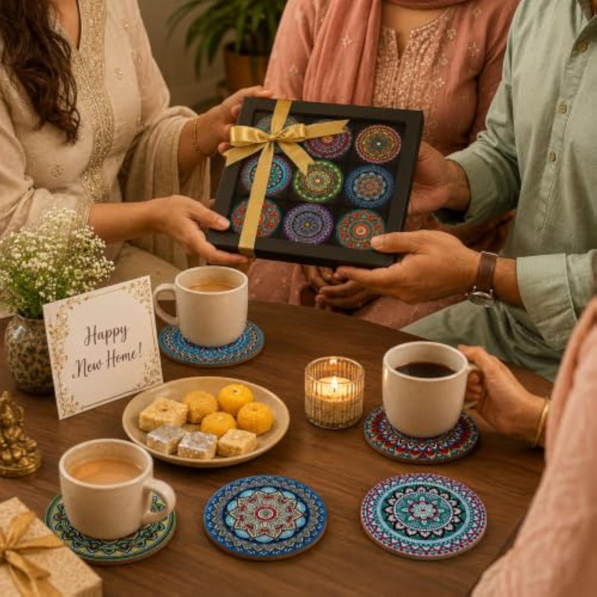 Mandala Wooden Tea Coasters Set of 9