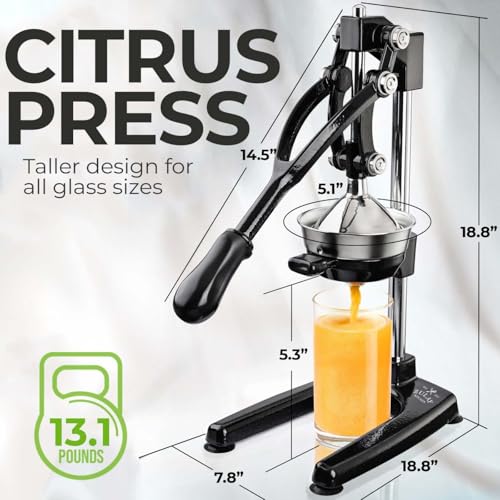 Image of Zulay Kitchen Pulperizer 9 in 1 Cast Iron Juicer - Easy-to-Clean Heavy-Duty Manual Juicer with Presser Attachment to Juice All Types of Fruits! Extra Tall with Stainless Steel Bowl - Black