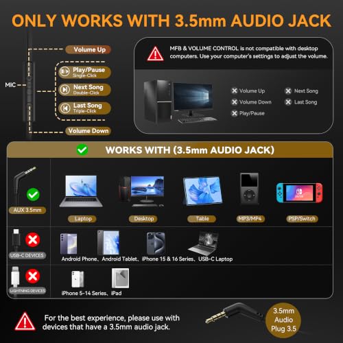 KVIDIO Wired Headphones with Mic,3.5mm Plug Volume Control for School,Black - image 3