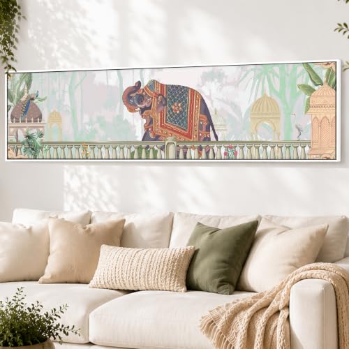 Image of PAINTINGMANTRA Mughal Pichwai Elephant Garden Canvas Wall Art Painting For Living Room, Traditional Indian Cultural Mughal Framed Wall Art Painting For Home, Office 33x119 cm