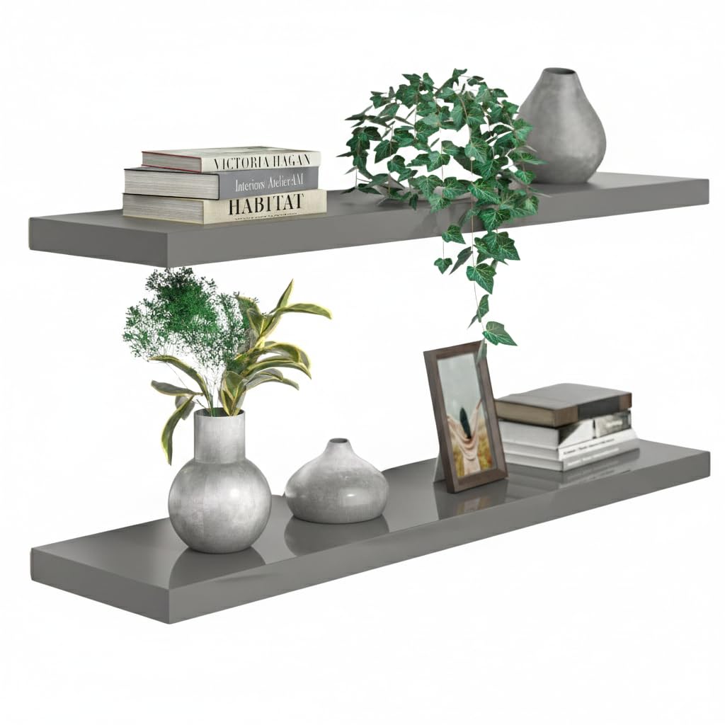 CASARIA® Set of 2 90cmx23cm High Gloss Grey Floating Shelf Including Bracket | Wall Shelving Living Room Kitchen Bedroom Office | 38mm Thick | Hidden Wall Fixing | 15kg Capacity MDF