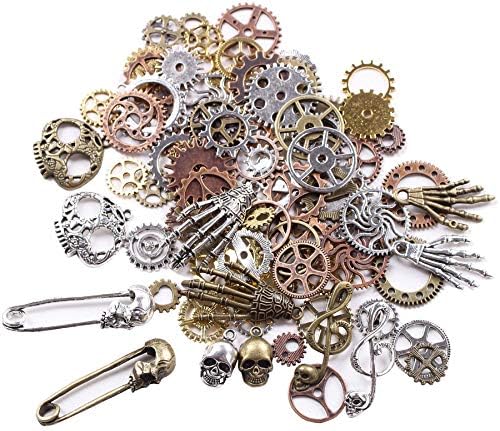BIHRTC 140 Gram (Approx 92pcs) DIY Assorted Color Antique Metal Steampunk Watch Gear Cog Wheel Skull Musical Note Skull Hand Safety Pin Charms Pendant for Crafting, Jewelry Making Accessory