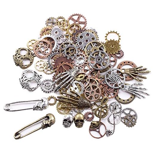 BIHRTC 140 Gram (Approx 92pcs) DIY Assorted Color Antique Metal Steampunk Watch Gear Cog Wheel Skull Musical Note Skull Hand Safety Pin Charms Pendant for Crafting, Jewelry Making Accessory