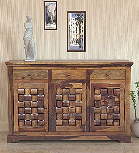 Image of Solid Sheesham Wood Multipurpose Sideboard Storage Cabinet with 3 Drawers & 3 Door for Home and Living Room Furniture (P. Teak)