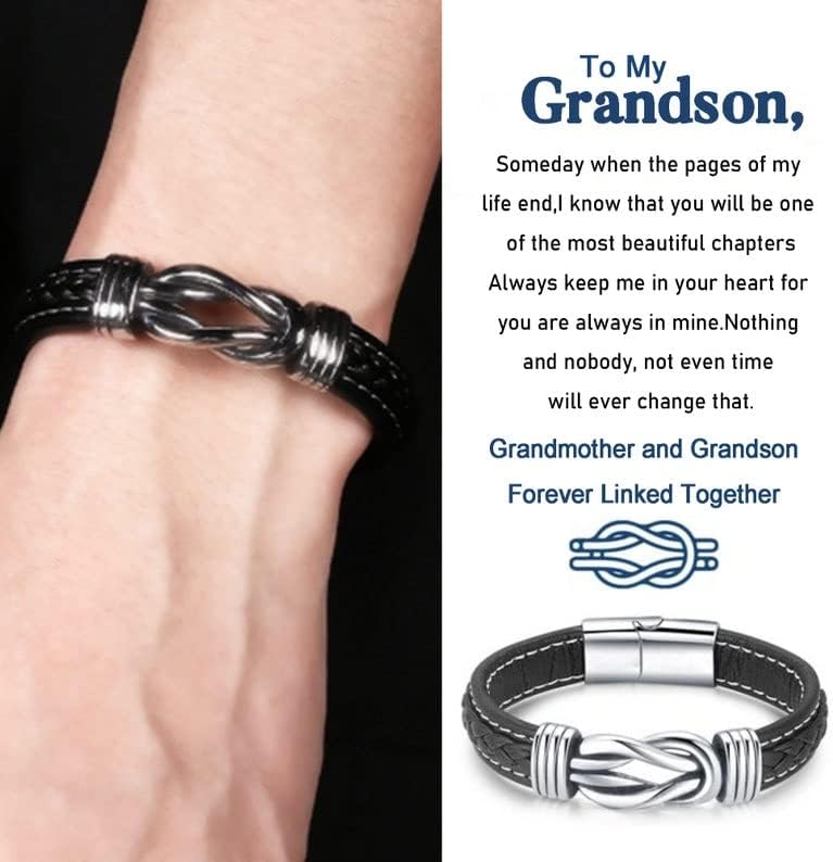 Ombhsd Grandmother and Grandson Forever Linked Together Braided Leather Bracelet, Charm Stackable Black Inspirational Men Wristband Bracelets,Grandson Bracelet From Grandma (1pc)