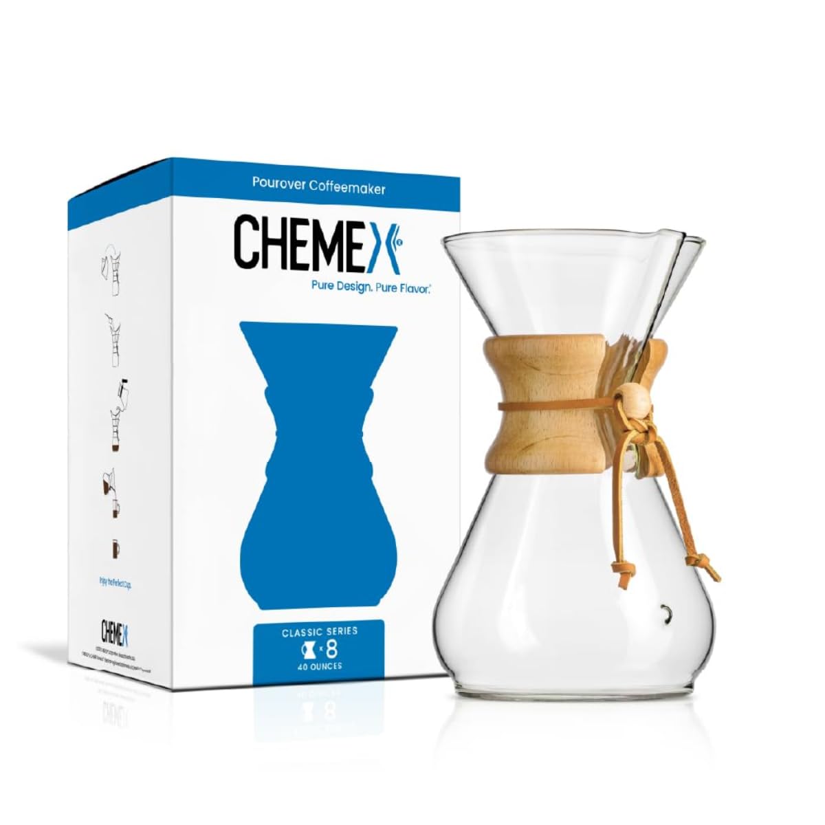 CHEMEX Classic 8-Cup Pour-Over Coffeemaker – Handcrafted Borosilicate Glass, Polished Wood Collar with Leather Tie, Durable, Dishwasher Safe