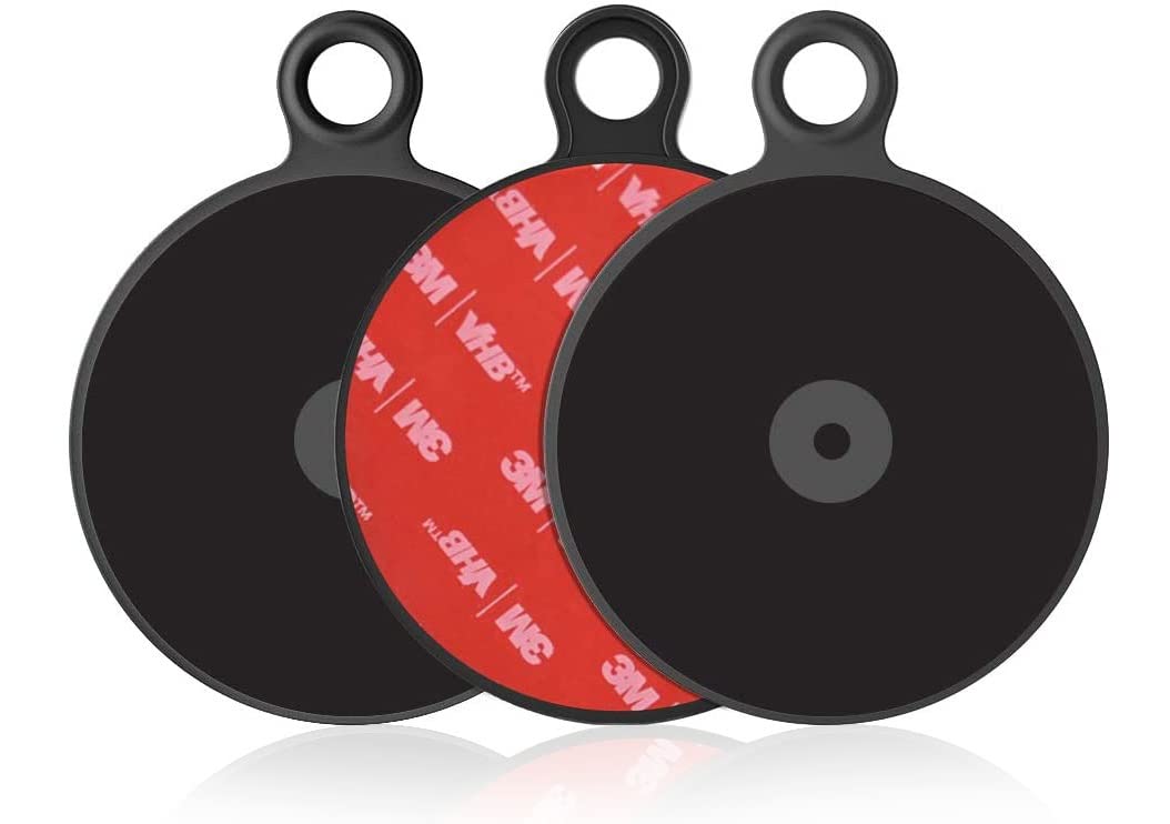 Three APPS2Car Dashboard Pad Mounting Disks, two showing the black top surface and one showing the red 3M adhesive backing.