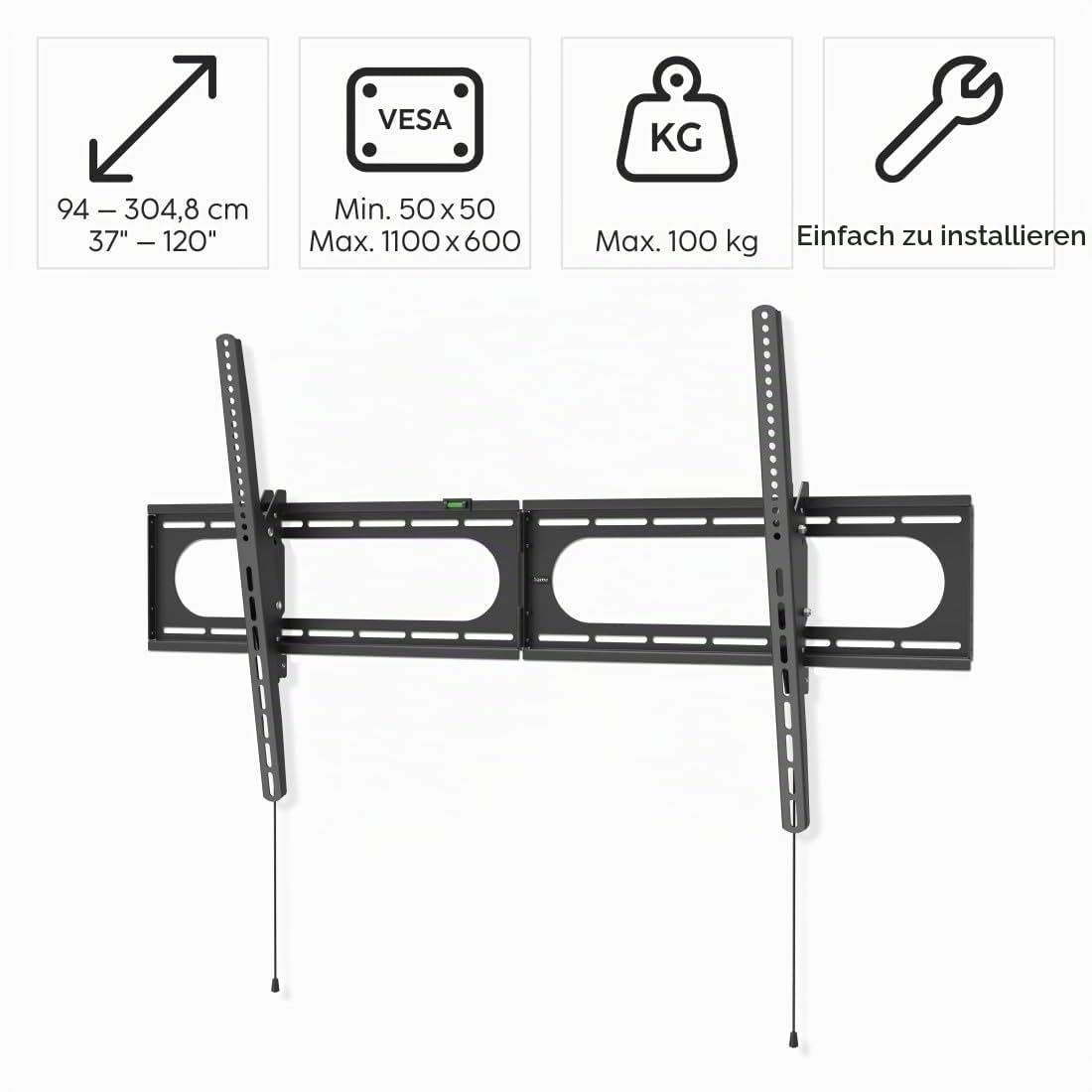 Hama TV Wandhalterung neigbar, Slim, 37-120 Zoll, bis 100kg | TV Wandhalterung schwarz, VESA 50x50 bis VESA 1100x600, geringer Wandabstand, mit fischer-Dübeln & Bohrschablone