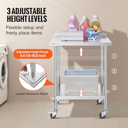 VEVOR Edelstahl-Arbeitstisch, kommerzieller Lebensmittelzubereitungs-Arbeitstisch mit Rollen, Vorbereitungsarbeitstisch, Arbeitstisch mit einstellbarer Höhe für Restaurant, Hotel 610 x 762 x 1005,6 mm