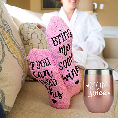 Mom Gift Set | Mom Juice Wine Tumbler + Cupcake Wine Socks | Stainless Steel 12 oz Stemless Wine Tumbler with Lid + Wine Socks | Funny    Gifts for Mom, Mom Gifts, Birthday Gifts for Mom