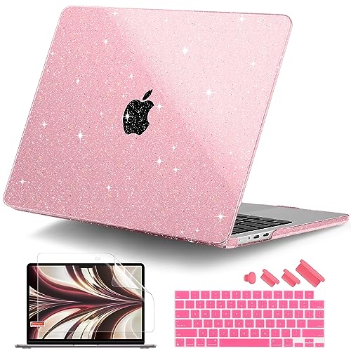 Image of DONGKE Compatible with MacBook Air 13 inch Case M5 M4 M3 M2 2026 2025 2024-2022 A3449 A3240 A3113 A2681, Glitter Bling Plastic Hard Shell & Keyboard Cover for MacBook Air 13.6 inch, Sparkly Pink