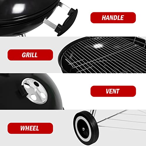 SunJas Holzkohle-Kugelgrill mit Deckel, Rundgrill Durchmesser 57 cm, Holzkohlegrillwagen mit Rädern, BBQ Grill schwarze Emaille