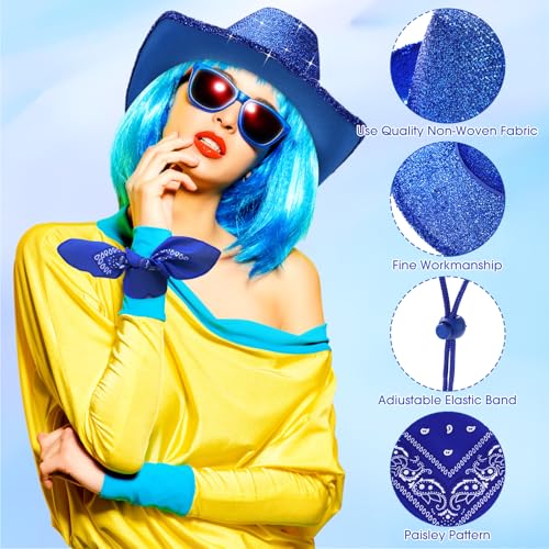 Image of Coume 12 Pcs Sparkly Adults Cowboy Hat and Bandanas Women Men Western Glitter Cowgirl Party Hats with Adjustable Drawstring