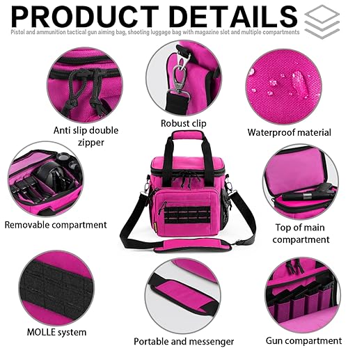 VEAGIA Tactical Range Bag,Pistol Case,Soft Gun Case Range Bags For Handguns And Ammo Safe Lockable Double Layer Explosion Proof Zipper Multi Pistol Carrying Bags (Pink) - Thumbnail 4