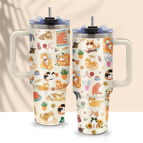 CGMIBAS Orange Cat Tumbler 40oz with Handle - Funny Cat Lady Gifts for Women, Insulated Travel...