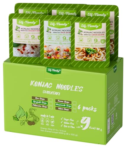 Elf-Family Premium 3+3 Mix Nouilles Konjac - Spaghetti/Riz/Udon, 9kcal Low Carb, Vegan, Shirataki Noodles, Keto, Sans Gluten, Sans Sucre