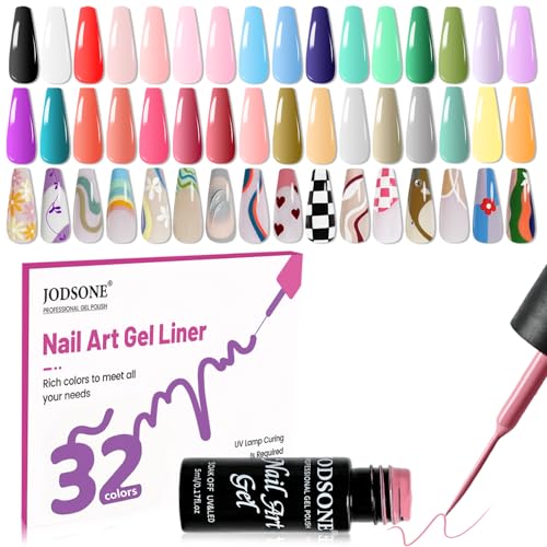 Image of JODSONE Gel Polish Nail Art Gel Liner Set 32 Colors Orange Grey Pink Green Blue White Black Need U V Lamp Cured with Thin Brush,Nail Art Gifts for Women