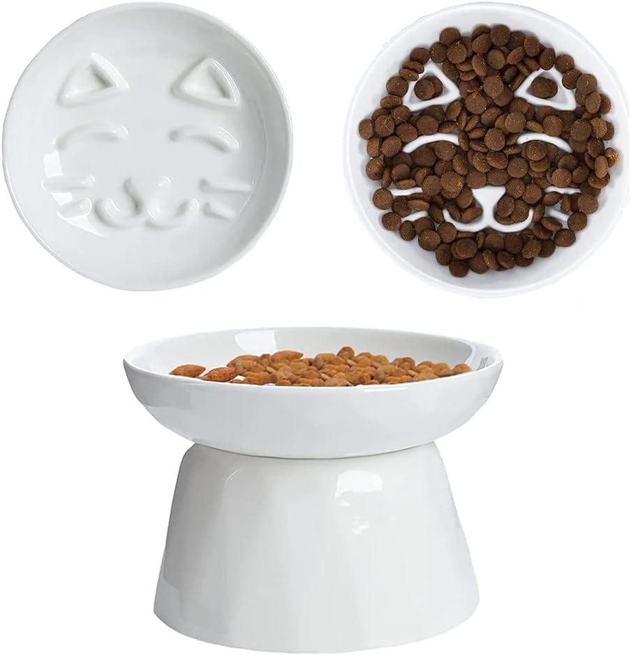 Raised Slow Feeder Cat Bowl, Ceramic Elevated Cat Slow Feeder, Healthy Eating for Wet & Dry Food, Sturdy & Grippy, Pet Puzzle Food Plate, Prevent Vomitting Indigestion, Dishwasher Safe