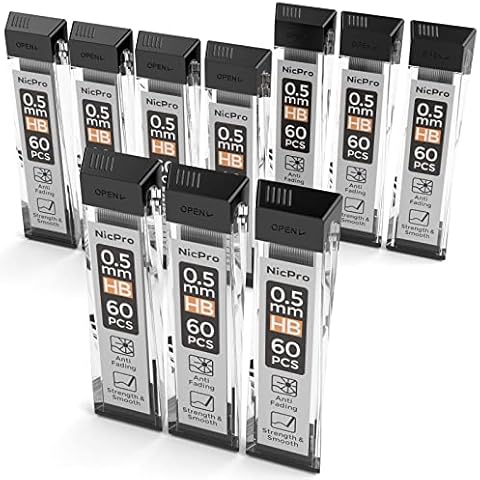 Nicpro 600 Stück Bleistiftminen 0,5 mm HB, 0,5mm bruchfeste Minen für Druckbleistifte Schreiben Zeichnen, 60 Stück/Dosen, 10 Dosen Cover