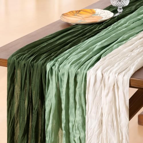 Image of Cheesecloth Table Runner Fall Boho 3pcs Mix and Match Wedding Decor | Olive Sage Ivory Rustic Gauze 10FT Cheese Cloth Sheer Farmhouse Runner for Wedding Party Baby Shower Holiday Decorations