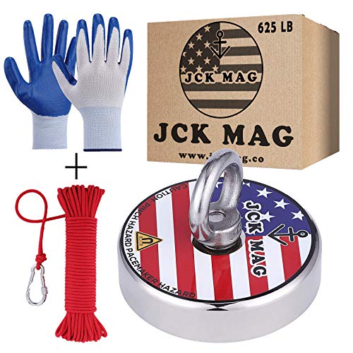 JCK MAG Magnet Fishing Kit 625 LB Pulling Magnet with Gloves, Nylon 65ft Rope and Carabiner - Thread Locker Installed, Strong Neodymium Fishing Magnets for Retrieving in River