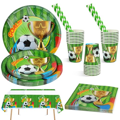 Lot de 101 Pièces de Vaisselle, Assiette Anniversaire Football Les Amateurs de Football Enfants Fête Assiettes en carton Serviette Gobelets Pailles Nappe...