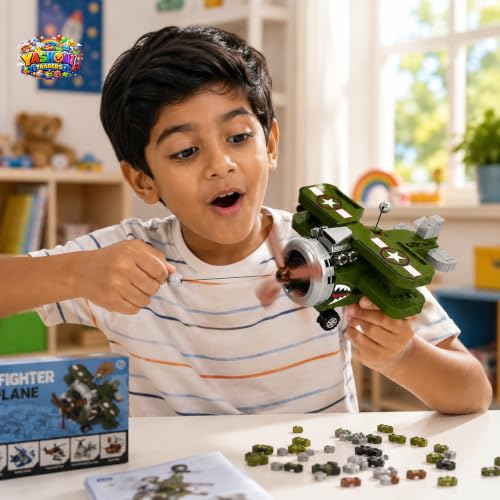 Image of Yashoni Fighter Plane Building Blocks Set - 182 Pcs Military Aircraft Model | Pull String Propeller Action, STEM Construction Toy for Kids 6+ Boys & Girls | Educational 3D Building Kit, Gift