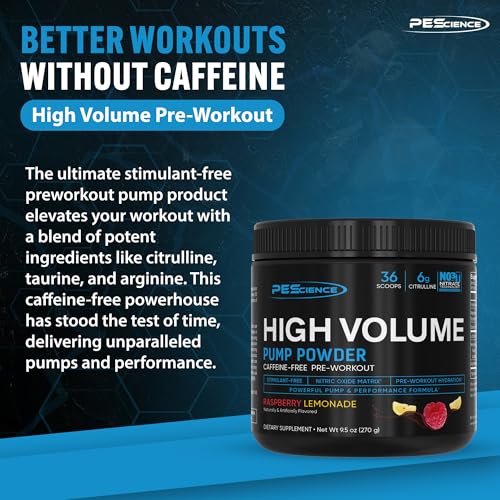 Image of PEScience High Volume Stim-Free Pre-Workout Pump Powder, Caffeine-Free with L-Citrulline & L-Arginine Nitrate, Non-Stim Preworkout for Men and Women - 36 Scoops, Raspberry Lemonade
