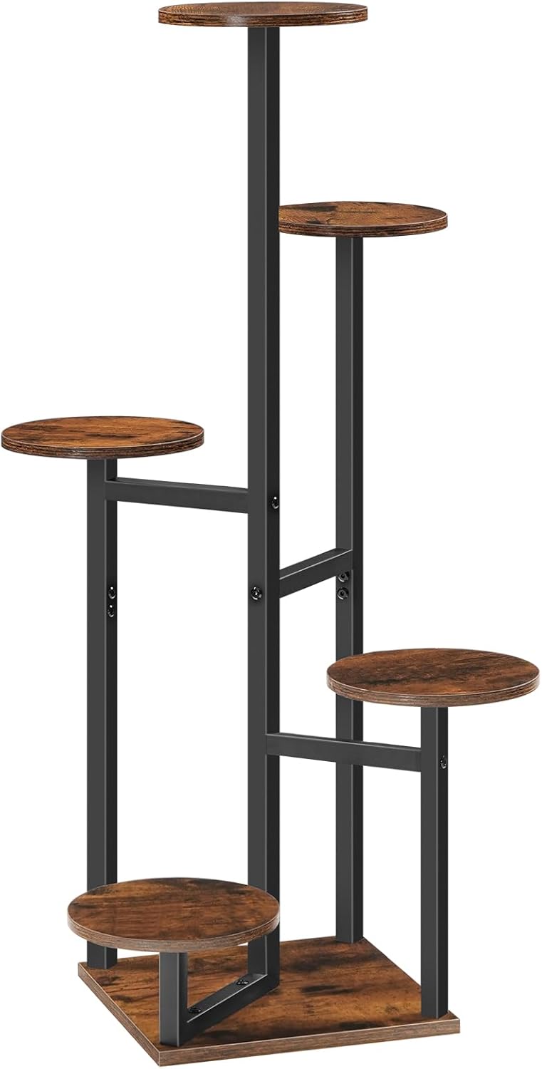HOOBRO 5-Tier Corner Plant Stand Indoor, Round Vertical Plant Shelf for Small Spaces, Space Saving Flower Rack for Living Room, Balcony & Patio, Rustic Brown and Black BF05HJ01