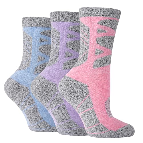 GRPSKCOS Hiking Socks Women 3 Pairs Cushioned Walking Socks Women Crew Sock for Outdoor Hiking Running Climbing(01 Pink+Purple+Sky Blue, M)