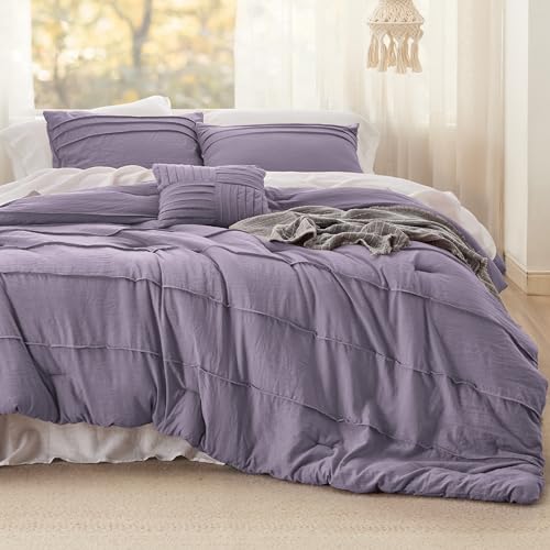 Image of Bedsure Queen Comforter Set - 4 Pieces Pinch Pleat Bed Set, Purple Boho Bedding for All Season, 1 Soft Comforter, 2 Pillowcases, 1 Decorative Pillow